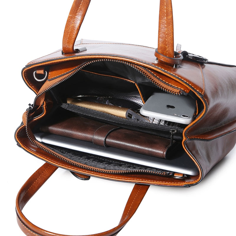 Genuine Leather Top Handle Tote Crossbody Handbag