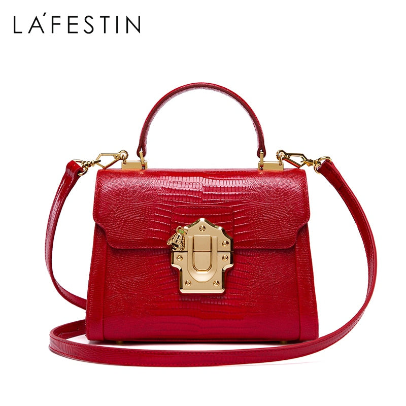 LA FESTIN Serpentine Lock Split Leather Handbag