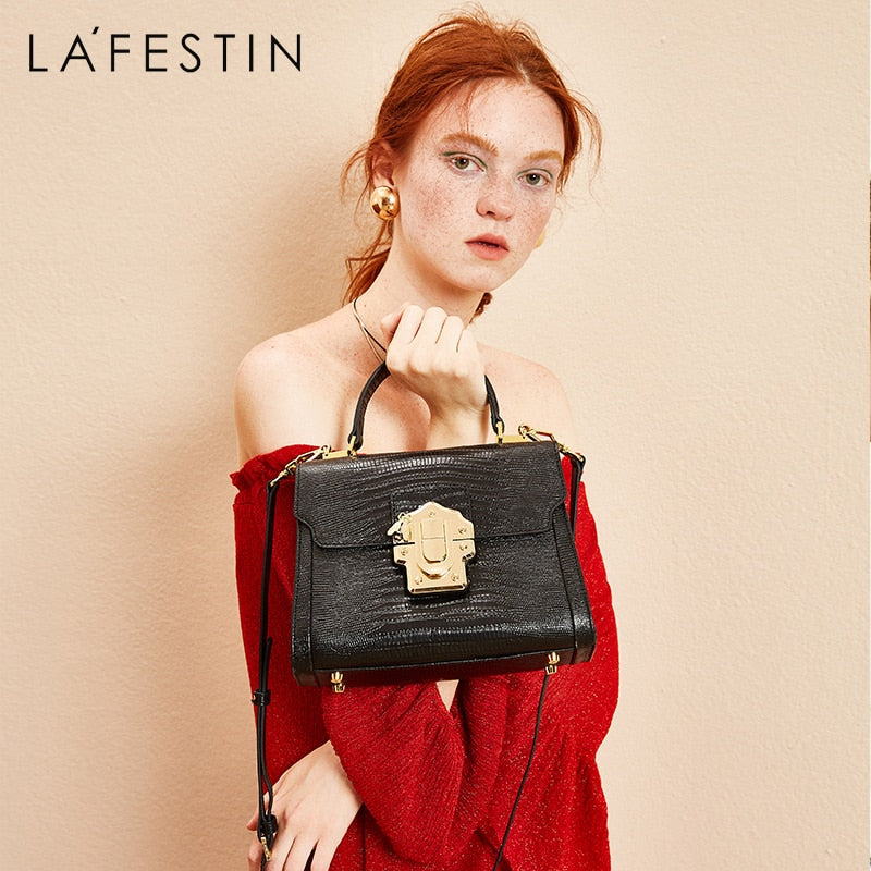 LA FESTIN Serpentine Lock Split Leather Handbag